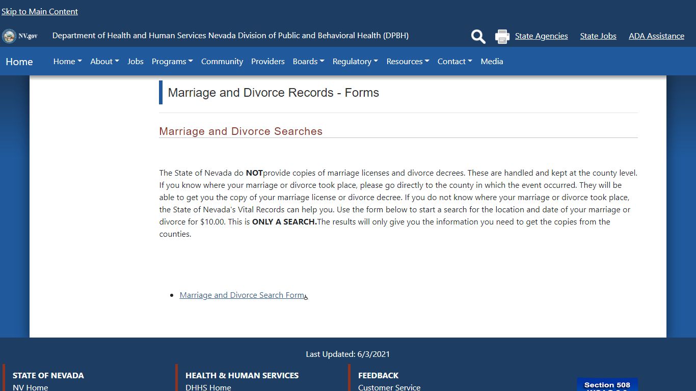 Marriage and Divorce Records - Forms - Nevada